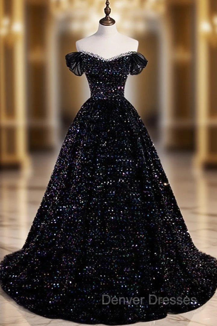 Black Off Shoulder Shiny Beaded Long Prom Dress A-line Black Evening Dress prom Dress shops Main image