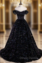 Black Off Shoulder Shiny Beaded Long Prom Dress A-line Black Evening Dress prom Dress shops