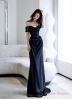 Black Off Shoulder Soft Satin Floor Length Party Dress, Black Satin Evening Dress
