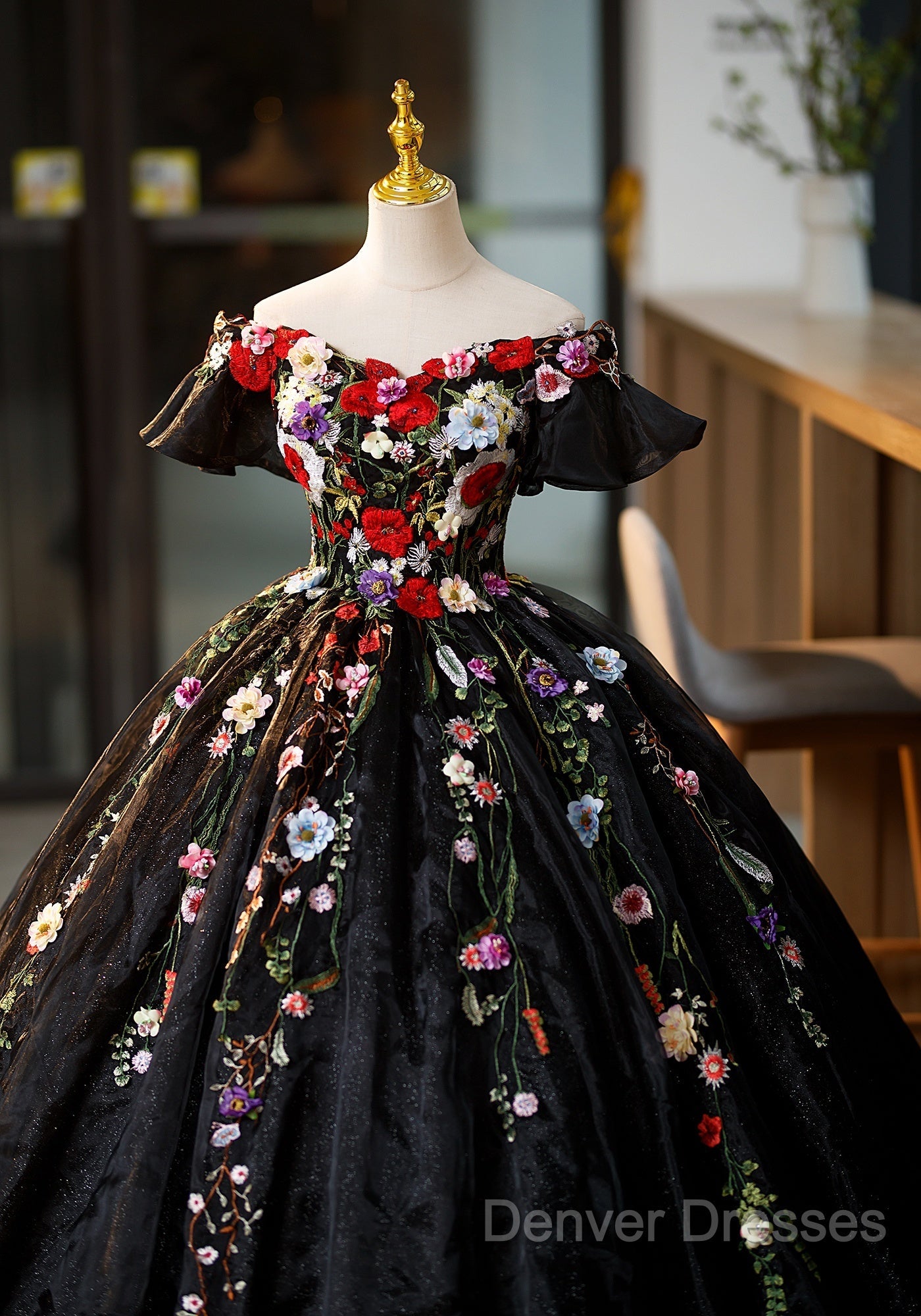 Black Off Shoulder Sweet 16 Dress With Flowers, Black Ball Gown Formal Dress