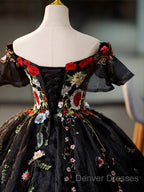 Black Off Shoulder Sweet 16 Dress With Flowers, Black Ball Gown Formal Dress