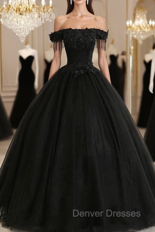 Black Off Shoulder Sweet 16 Formal Dress with Lace Black Formal Dress prom Dress shops Main image