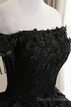 Black Off Shoulder Sweet 16 Formal Dress With Lace, Black Long Prom Dress