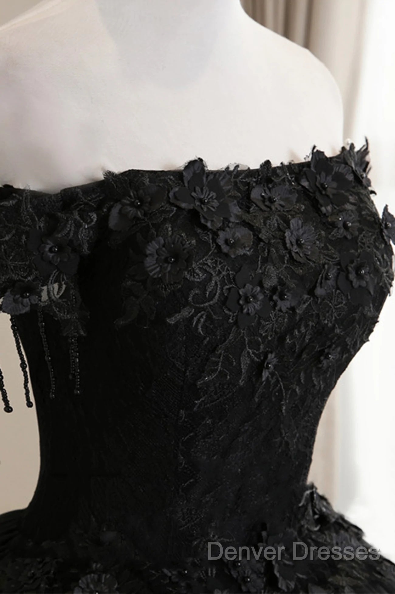 Black Off Shoulder Sweet 16 Formal Dress With Lace, Black Long Prom Dress