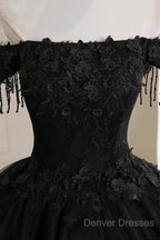 Black Off Shoulder Sweet 16 Formal Dress With Lace, Black Long Prom Dress
