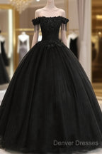 Black Off Shoulder Sweet 16 Formal Dress With Lace, Black Long Prom Dress