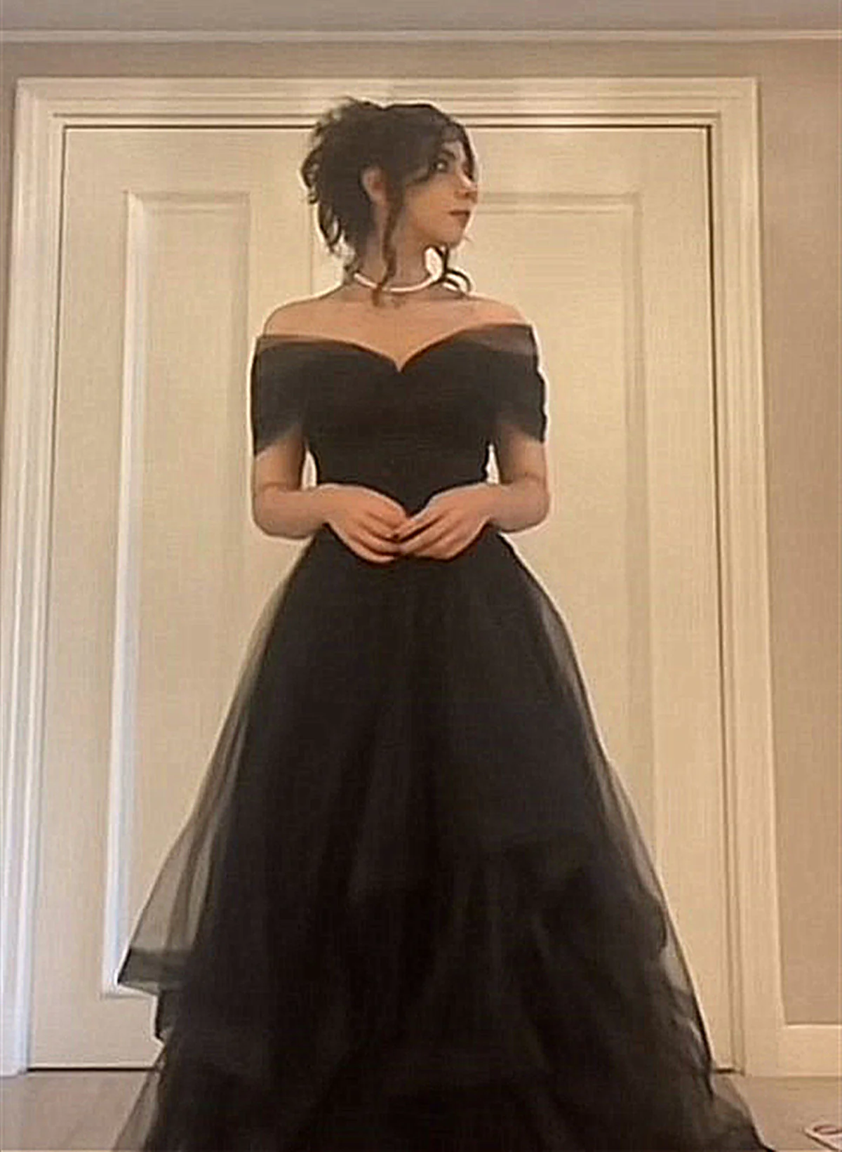 Black Off Shoulder Sweetheart Tulle Prom Dress, Black Tulle A-Line Party Dress Main image