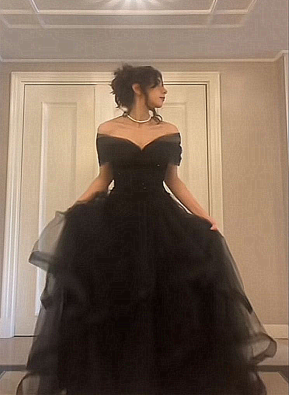 Black Off Shoulder Sweetheart Tulle Prom Dress, Black Tulle A-Line Party Dress Main image