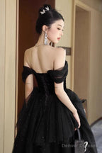 Black Off Shoulder Sweetheart Velvet And Tulle Prom Dress, Black Sweet 16 Dress