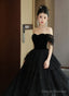 Black Off Shoulder Sweetheart Velvet And Tulle Prom Dress, Black Sweet 16 Dress