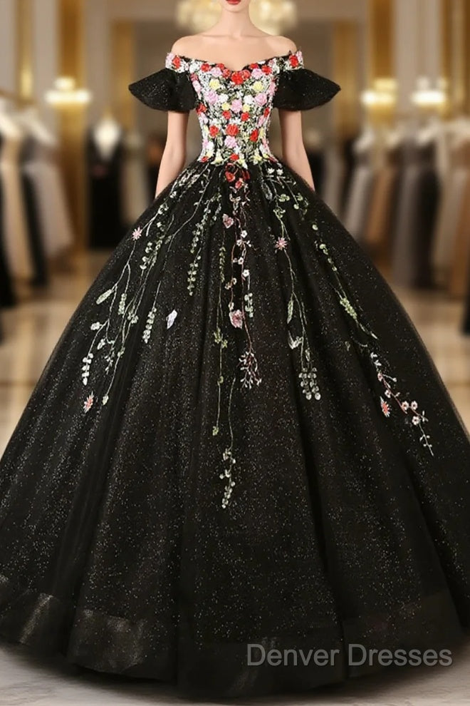 Black Off Shoulder Tulle Ball Gown Sweet 16 Dress, Black Floral Prom Dress Party Dress Main image