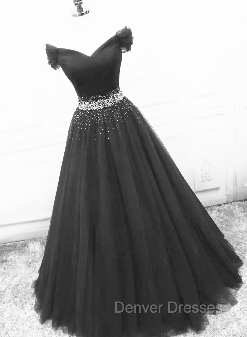 Black Off Shoulder Tulle Lace Beaded A-line Prom Dress, Black Junior Party Dress