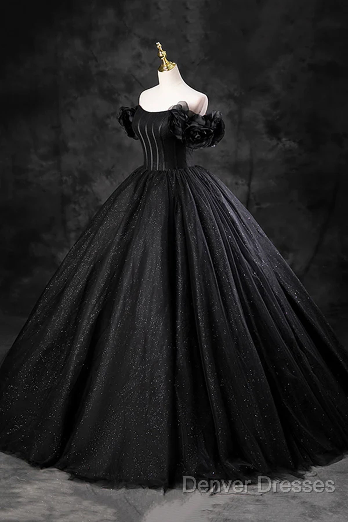 Black Off Shoulder Tulle Lace-Up Sweet 16 Dress, Black Long Party Dress Prom Dress Secondary image