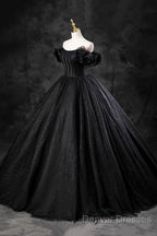 Black Off Shoulder Tulle Lace-Up Sweet 16 Dress, Black Long Party Dress Prom Dress