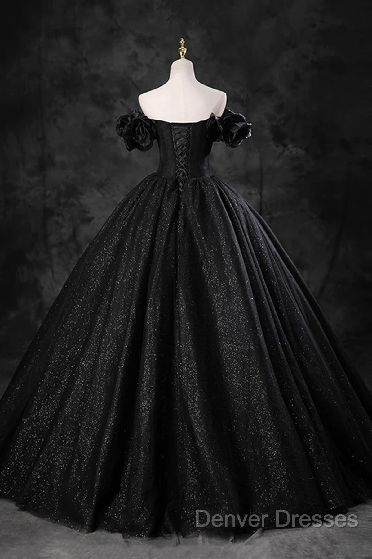 Black Off Shoulder Tulle Lace-Up Sweet 16 Dress, Black Long Party Dress Prom Dress
