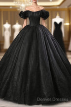 Black Off Shoulder Tulle Lace-Up Sweet 16 Dress, Black Long Party Dress Prom Dress