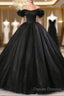 Black Off Shoulder Tulle Lace-Up Sweet 16 Dress, Black Long Party Dress Prom Dress