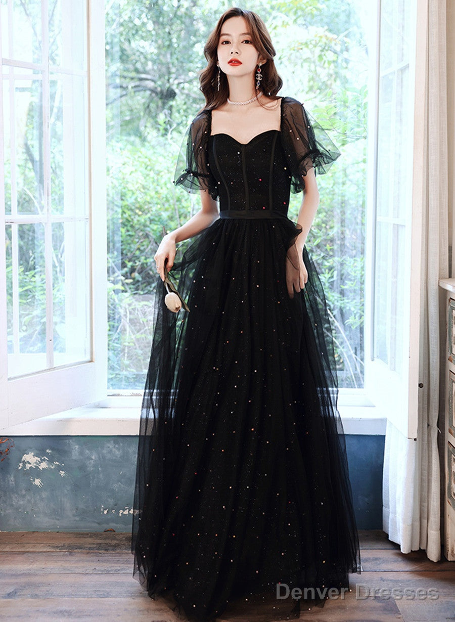 Black Off Shoulder Tulle Long Party Dress, Black A-Line Long Prom Dress Main image