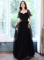 Black Off Shoulder Tulle Long Party Dress, Black A-Line Long Prom Dress