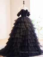 Black Off Shoulder Tulle Long Prom Dress, Black Formal Evening Dress