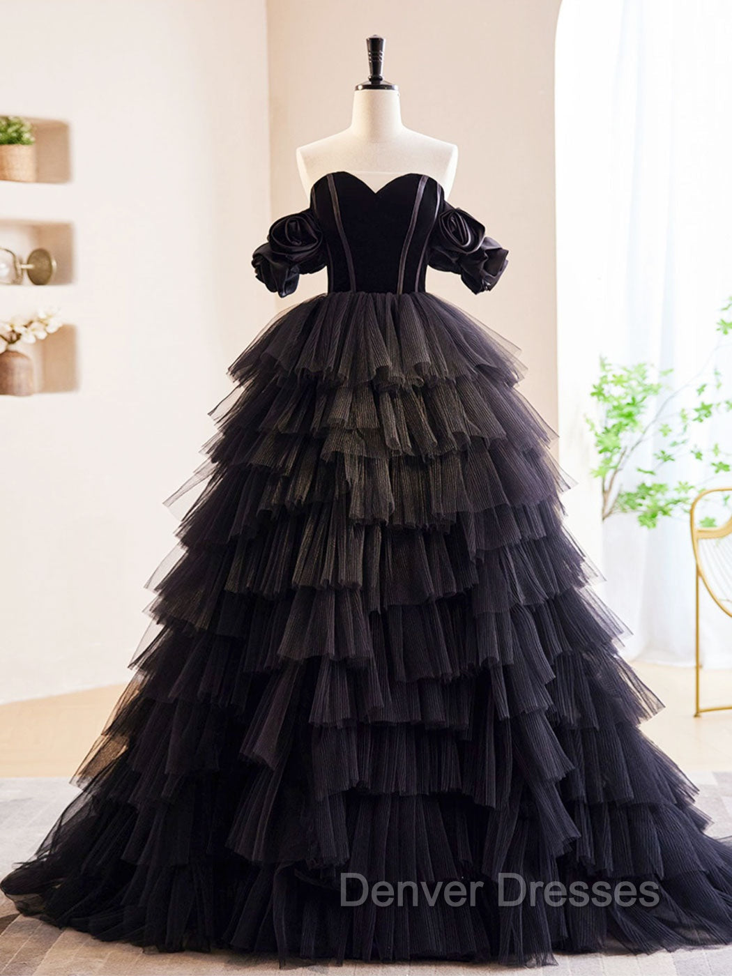 Black Off Shoulder Tulle Long Prom Dress, Black Formal Evening Dress Main image