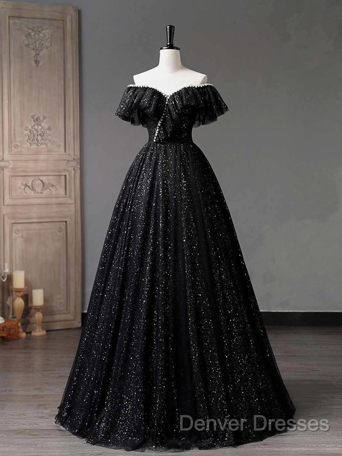 Black Off Shoulder Tulle Long Prom Dress, Black Formal Evening Dress Secondary image