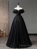 Black Off Shoulder Tulle Long Prom Dress, Black Formal Evening Dress
