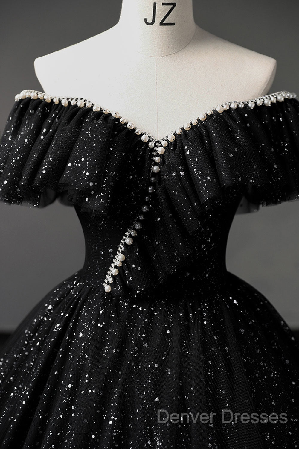 Black Off Shoulder Tulle Long Prom Dress, Black Formal Evening Dress