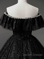 Black Off Shoulder Tulle Long Prom Dress, Black Formal Evening Dress