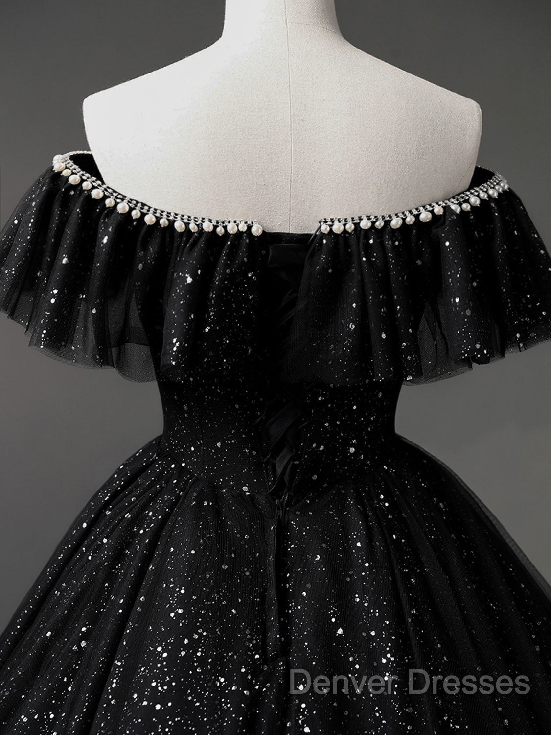 Black Off Shoulder Tulle Long Prom Dress, Black Formal Evening Dress
