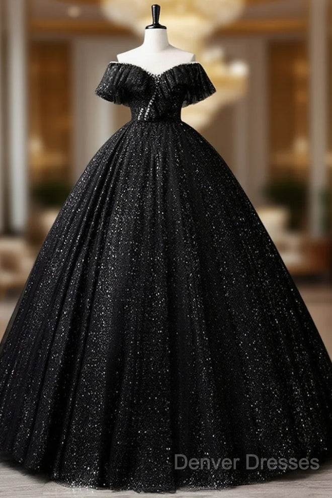 Black Off Shoulder Tulle Long Prom Dress, Black Formal Evening Dress Main image