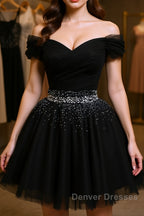 Black Off Shoulder Tulle Sequin Short Prom Dress, Black Homecoming Dress