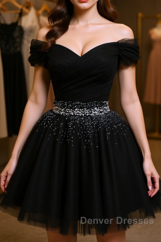 Black Off Shoulder Tulle Sequin Short Prom Dress, Black Homecoming Dress