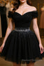 Black Off Shoulder Tulle Sequin Short Prom Dress, Black Homecoming Dress