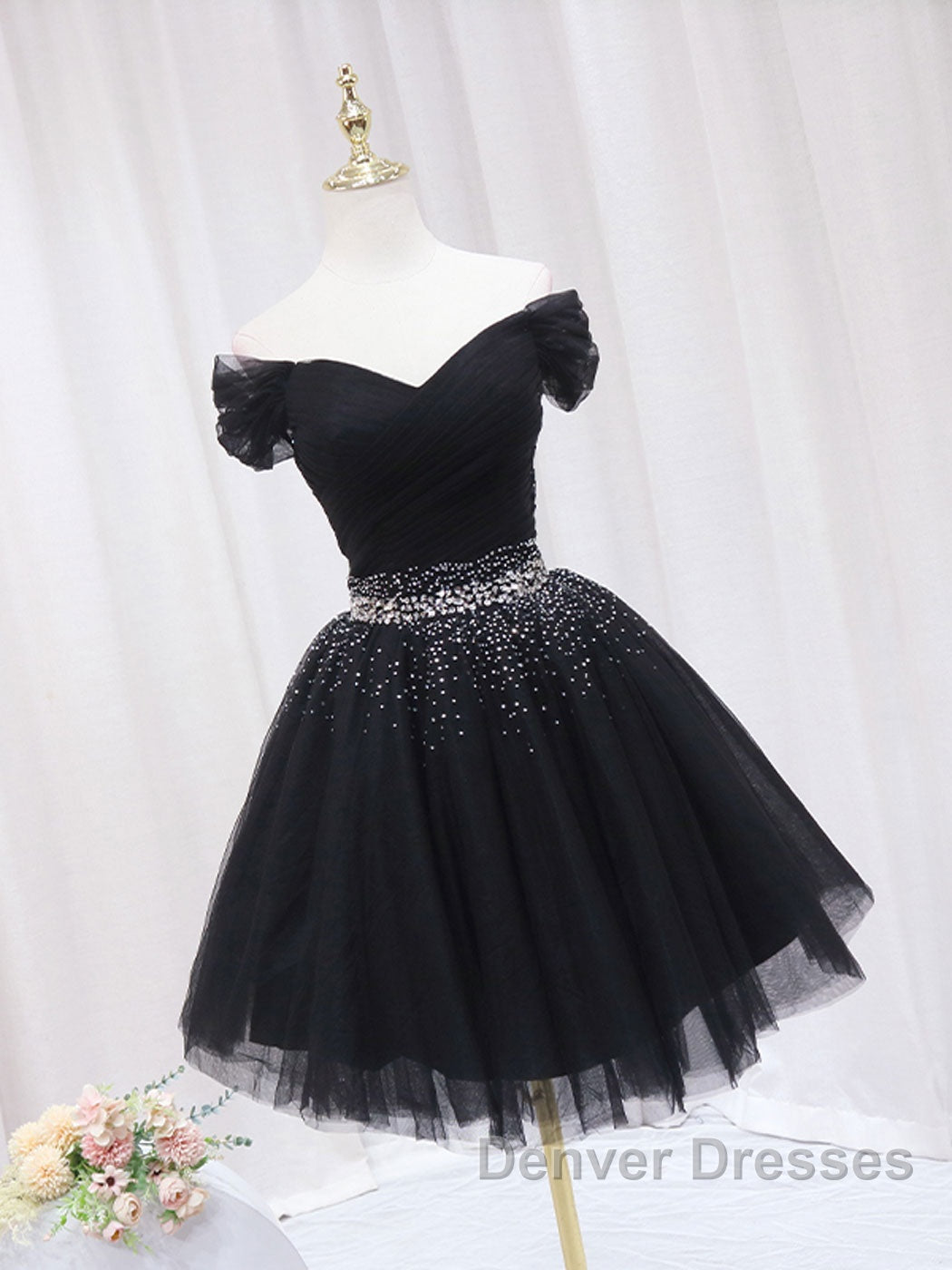 Black Off Shoulder Tulle Sequin Short Prom Dress, Black Homecoming Dress Secondary image
