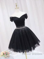 Black Off Shoulder Tulle Sequin Short Prom Dress, Black Homecoming Dress