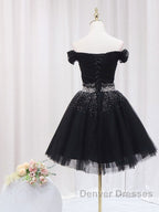 Black Off Shoulder Tulle Sequin Short Prom Dress, Black Homecoming Dress