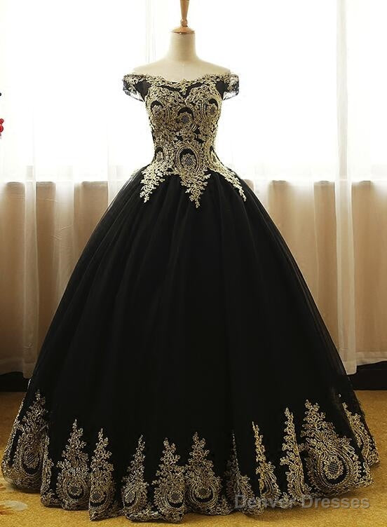 Black Off Shoulder Tulle Sweet 16 Gowns With Gold Applique, Charming Evening Gowns Main image