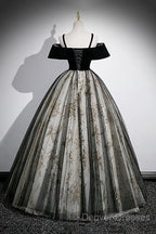 Black Off Shoulder Tulle With Lace Long Formal Dress, Black Sweet 16 Dress
