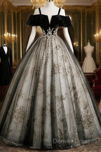 Black Off Shoulder Tulle With Lace Long Formal Dress, Black Sweet 16 Dress