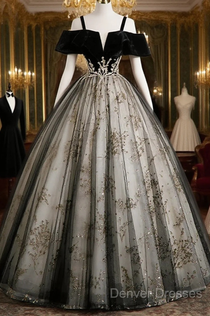 Black Off Shoulder Tulle With Lace Long Formal Dress, Black Sweet 16 Dress