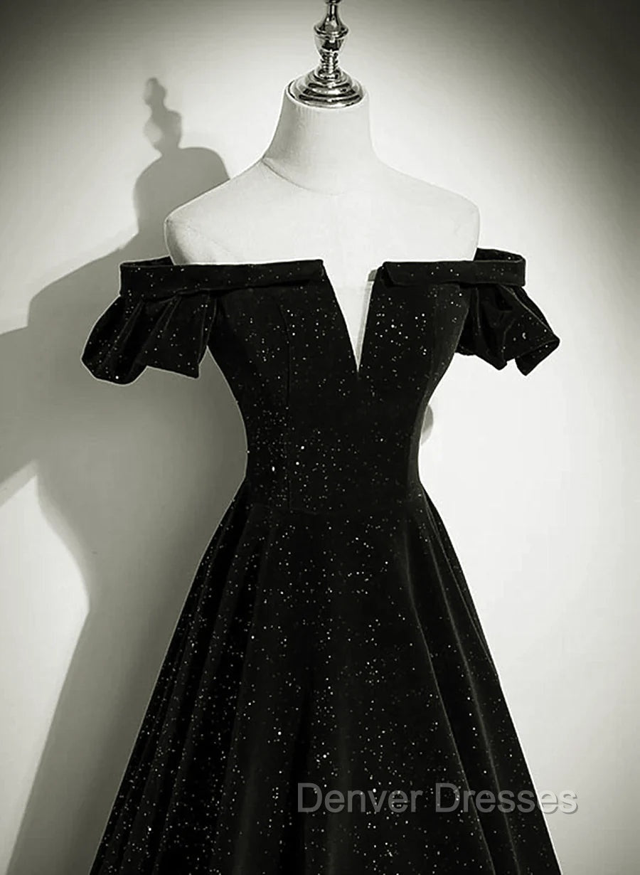 Black Off Shoulder Velvet Long Party Dress Prom Dress, Black Simple Evening Dress Secondary image