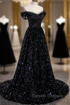 Black Off the Shoulder Beaded Long Formal Dress, Black Shiny Sequins Evening Dress