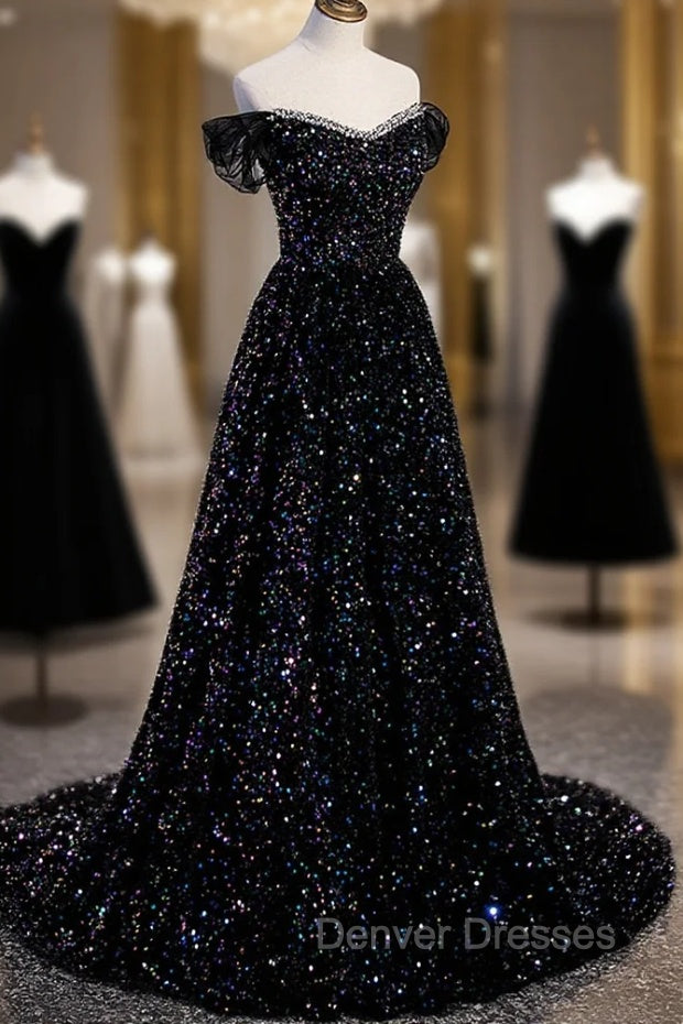 Black Off the Shoulder Beaded Long Formal Dress, Black Shiny Sequins Evening Dress