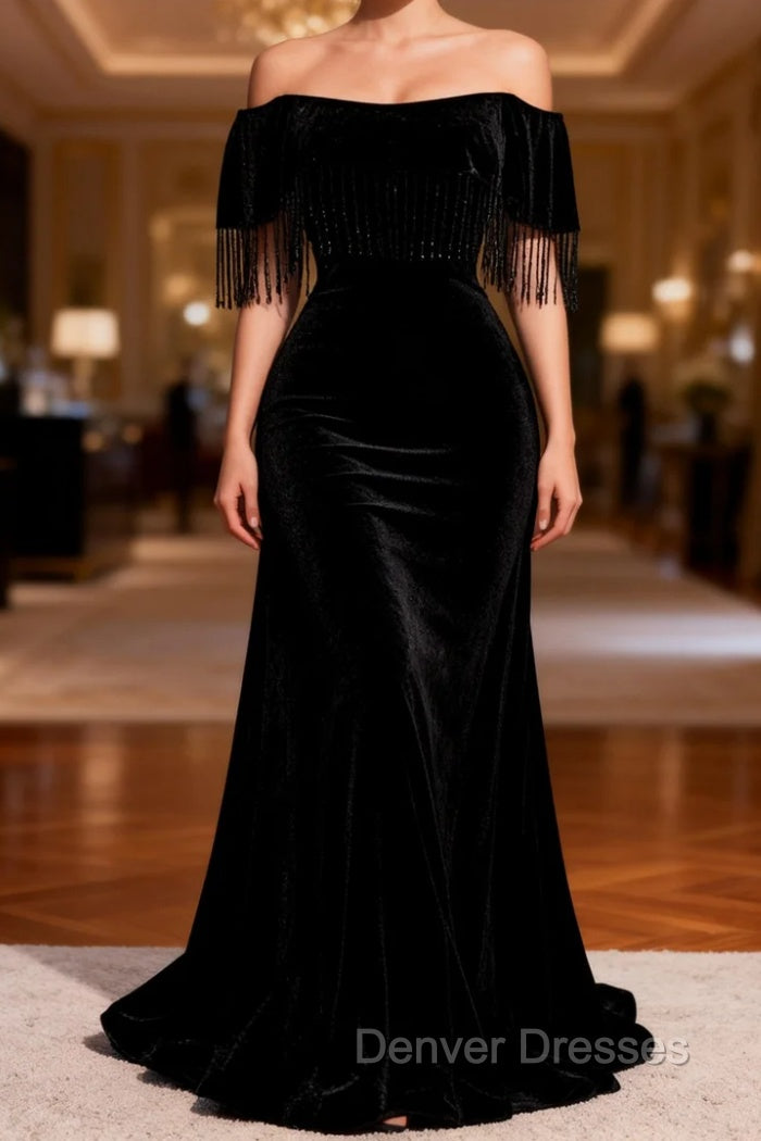 Black Off the Shoulder Beading Prom Dress