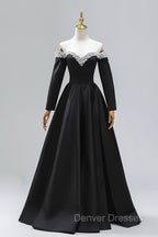 Black Off the Shoulder Pearls Long Sleeve Prom Dress, A-Line Evening Party Dress with Slit