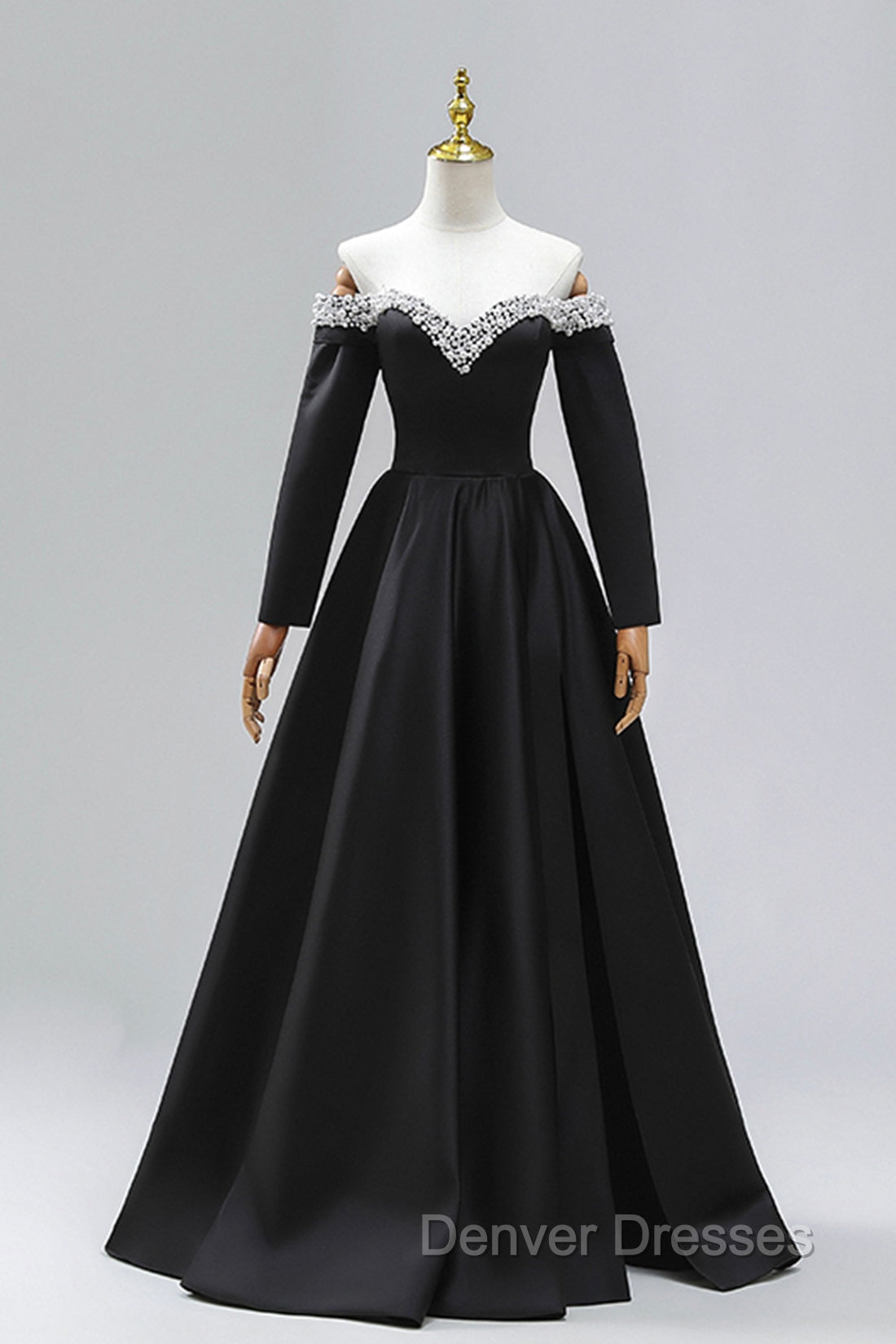 Black Off the Shoulder Pearls Long Sleeve Prom Dress, A-Line Evening Party Dress with Slit
