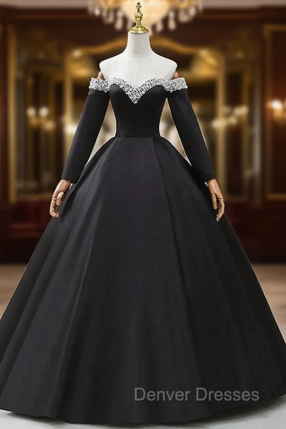 Black Off the Shoulder Pearls Long Sleeve Prom Dress, A-Line Evening Party Dress with Slit Main image