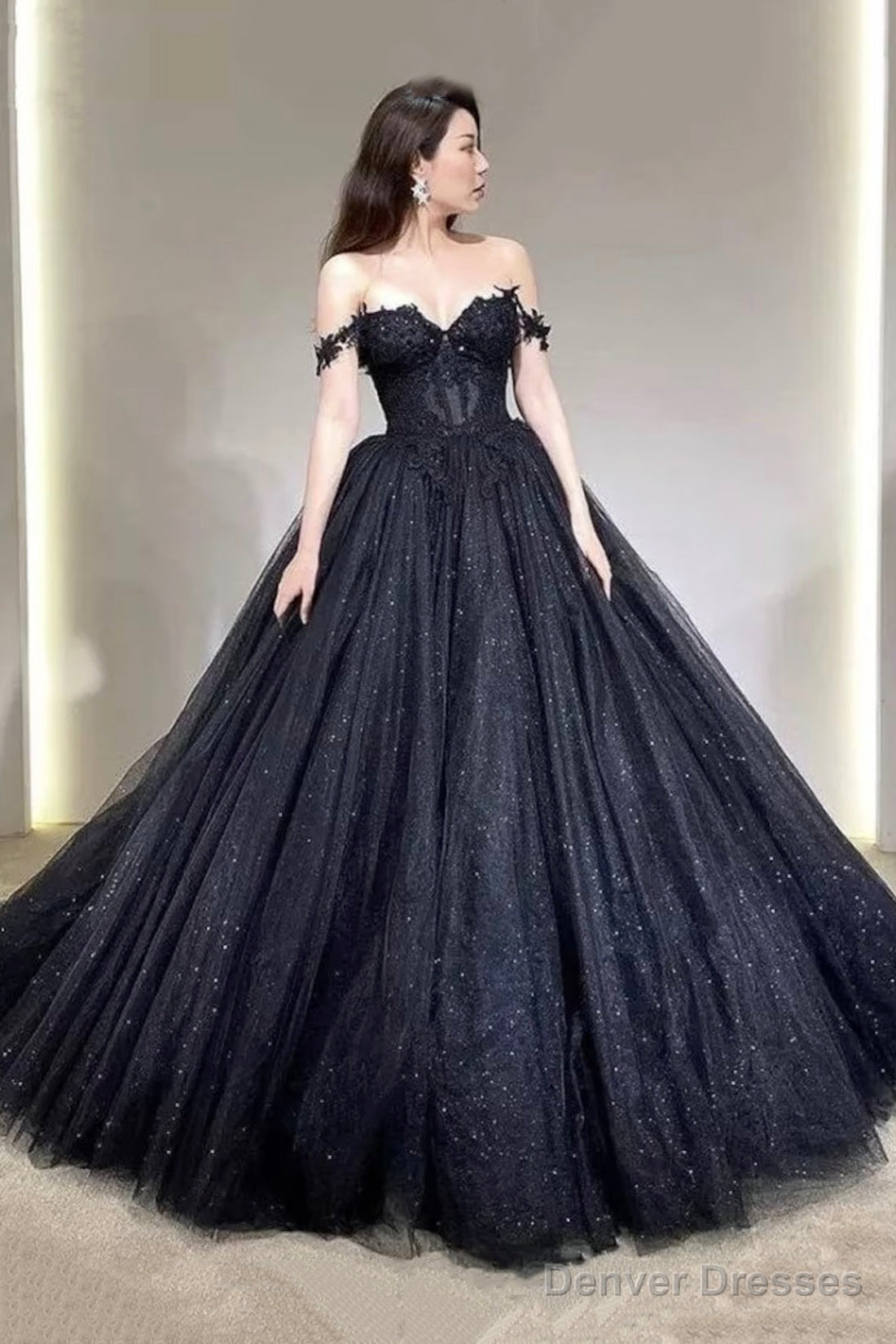 Black Off The Shoulder Tulle Lace Princess Dress, Shiny Tulle Floor Length Evening Party Dress