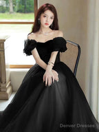 Black Off The Shoulder Velvet And Tulle Long Prom Dress, A-Line Black Evening Dress